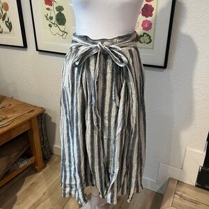 Max Studio Linen Blend Striped Midi Skirt Grey White Tie Waist Medium